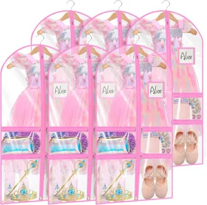 Linodes Dance Costume Bags Garment Bag 40''x22'' Waterproof for Dance Travel/Competition Storage with 2 Small, 2 Medium Clear Zipper Pockets and 1 Large Back Zipper Pocket-PVC (Pink-PVC, 40''- 6 Pack)