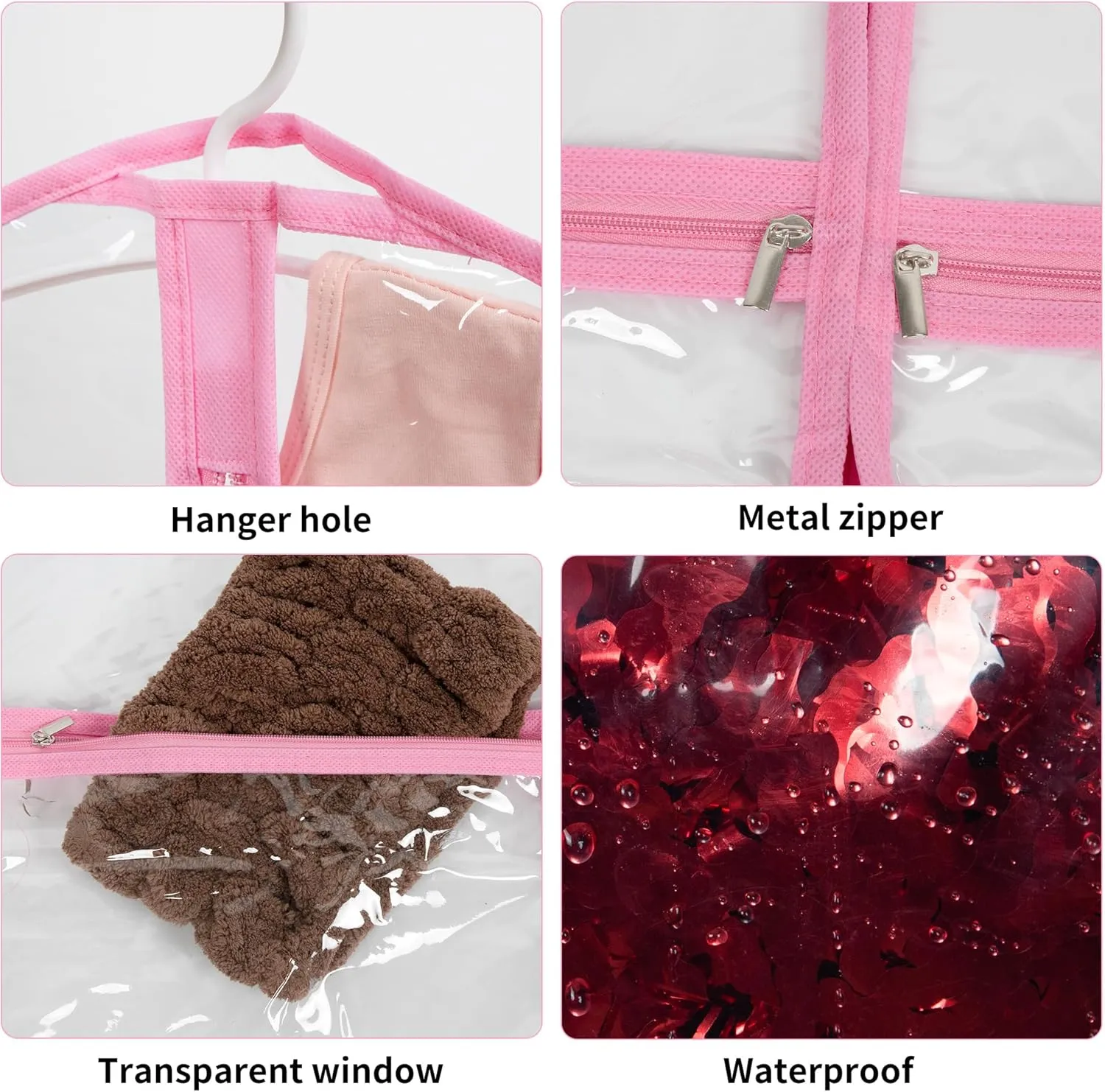 Linodes Dance Costume Bags Garment Bag 40''x22'' Waterproof for Dance Travel/Competition Storage with 2 Small, 2 Medium Clear Zipper Pockets and 1 Large Back Zipper Pocket-PVC (Pink-PVC, 40''- 6 Pack)