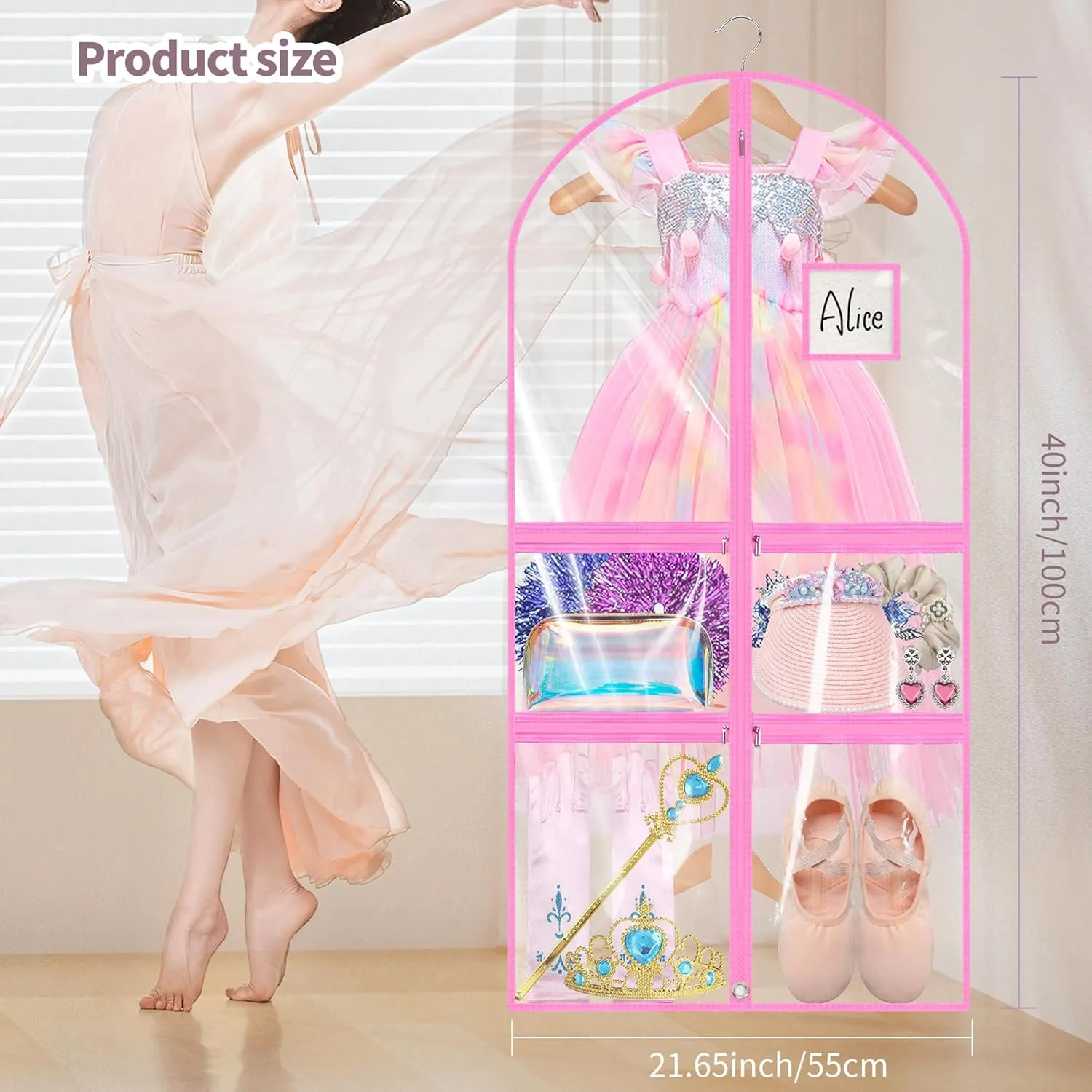 Linodes Dance Costume Bags Garment Bag 40''x22'' Waterproof for Dance Travel/Competition Storage with 2 Small, 2 Medium Clear Zipper Pockets and 1 Large Back Zipper Pocket-PVC (Pink-PVC, 40''- 6 Pack)