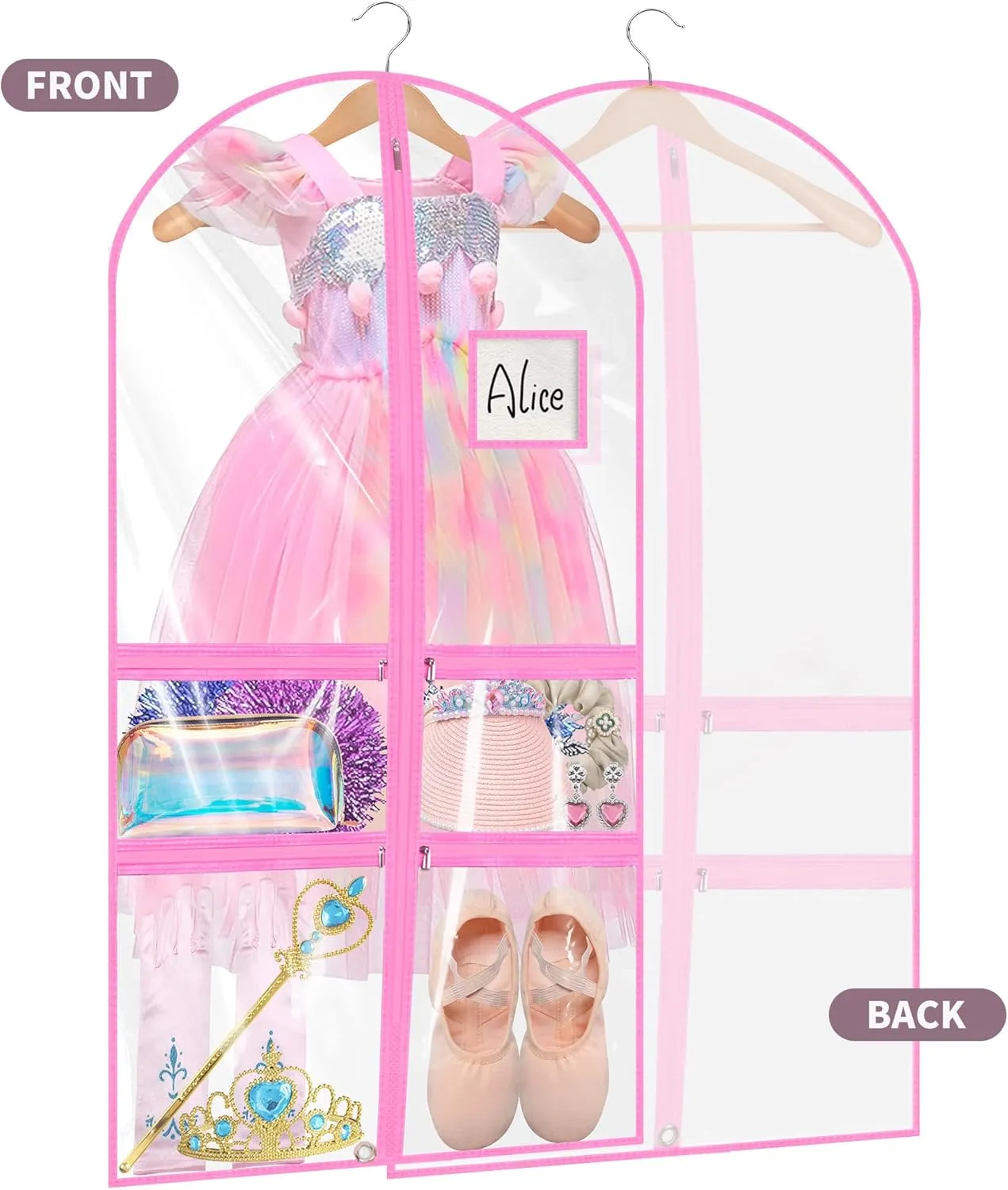 Linodes Dance Costume Bags Garment Bag 40''x22'' Waterproof for Dance Travel/Competition Storage with 2 Small, 2 Medium Clear Zipper Pockets and 1 Large Back Zipper Pocket-PVC (Pink-PVC, 40''- 6 Pack)