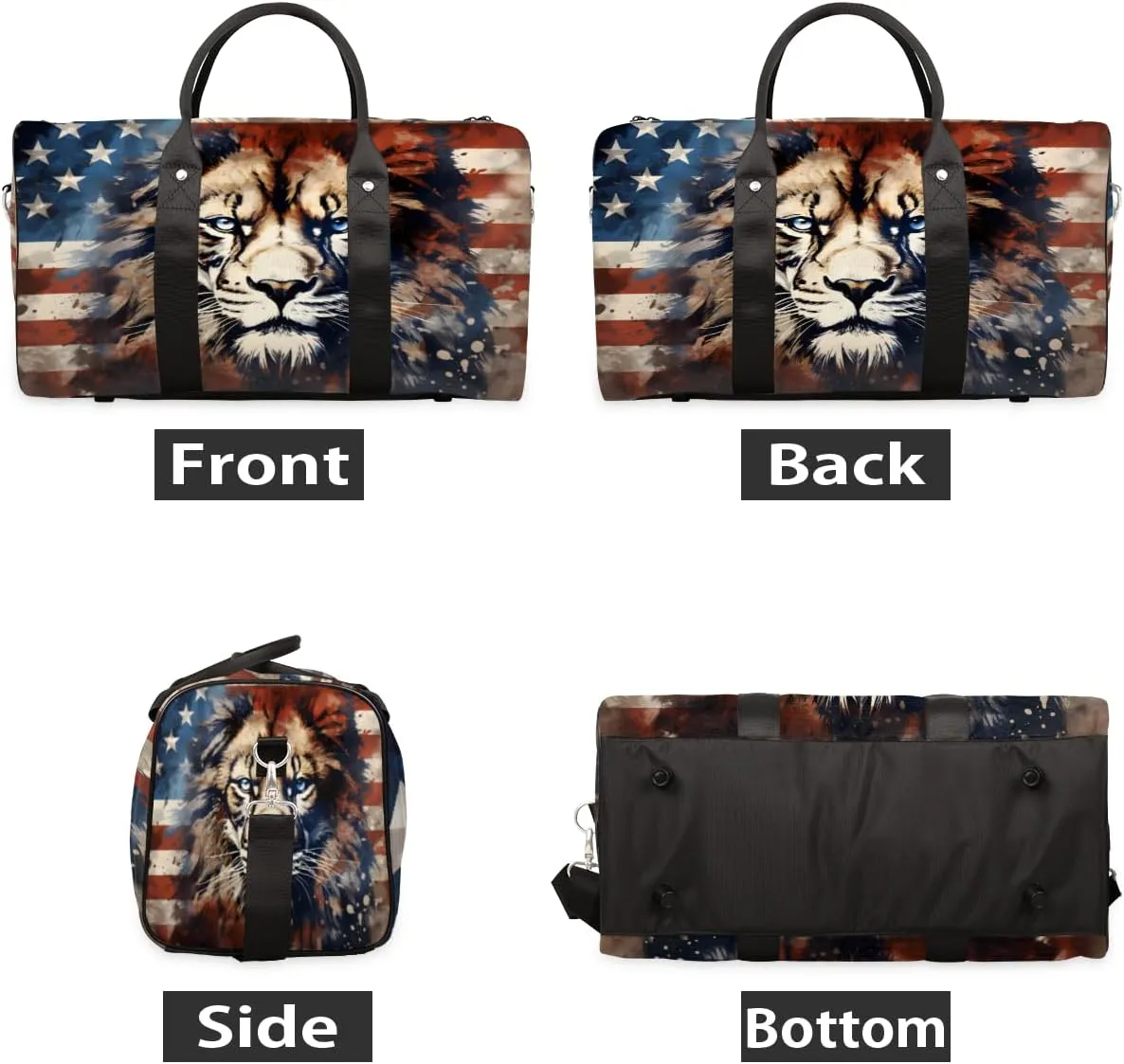 Lion American Flag Travel Duffle Bag, Sports Gym Bags for Women Men, Carry On Weekender Overnight Workout Airplane Trips Bag