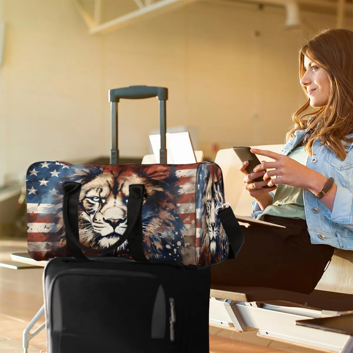 Lion American Flag Travel Duffle Bag, Sports Gym Bags for Women Men, Carry On Weekender Overnight Workout Airplane Trips Bag