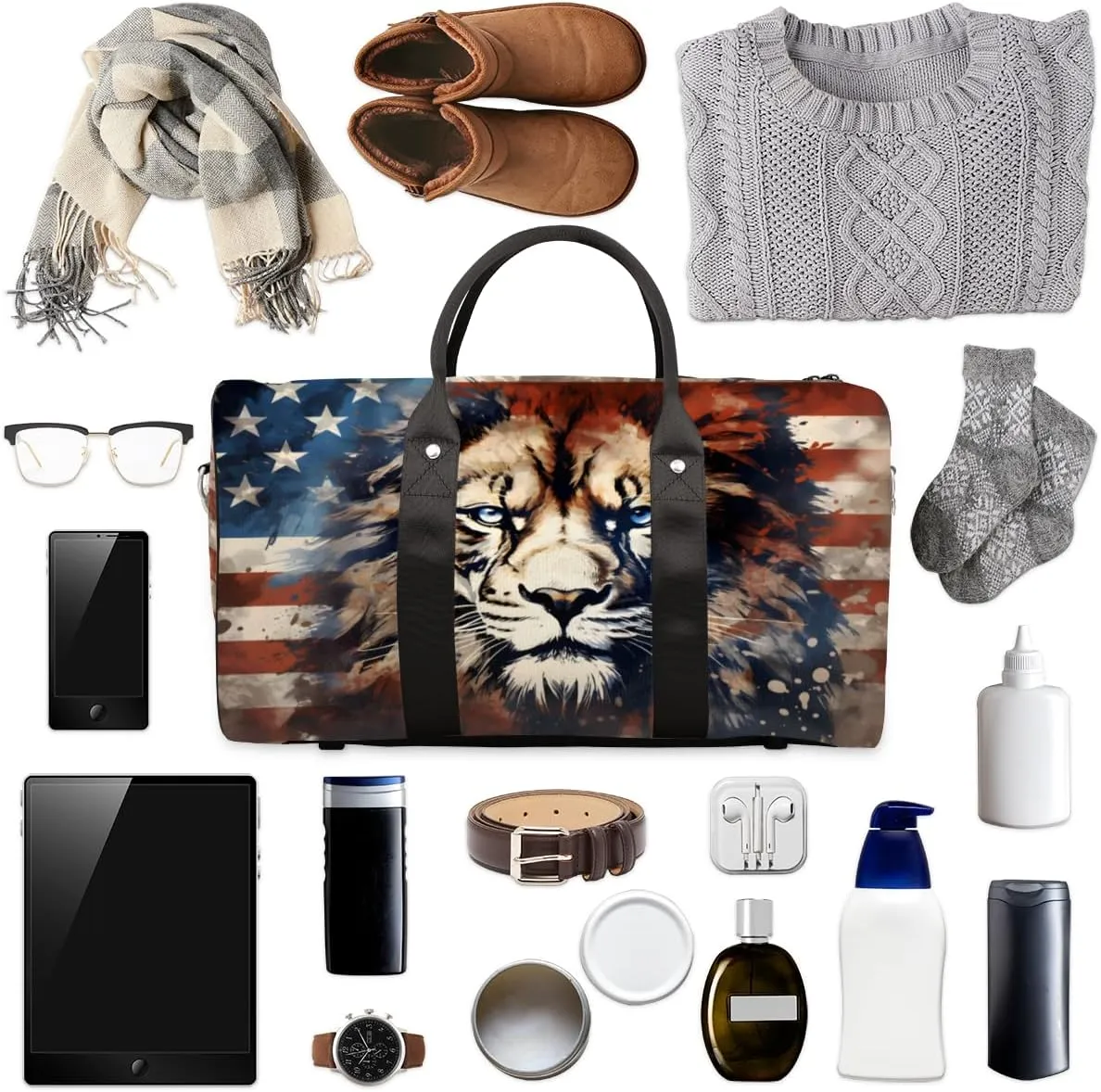 Lion American Flag Travel Duffle Bag, Sports Gym Bags for Women Men, Carry On Weekender Overnight Workout Airplane Trips Bag