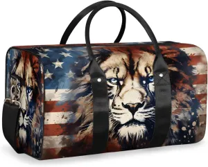 Lion American Flag Travel Duffle Bag, Sports Gym Bags for Women Men, Carry On Weekender Overnight Workout Airplane Trips Bag