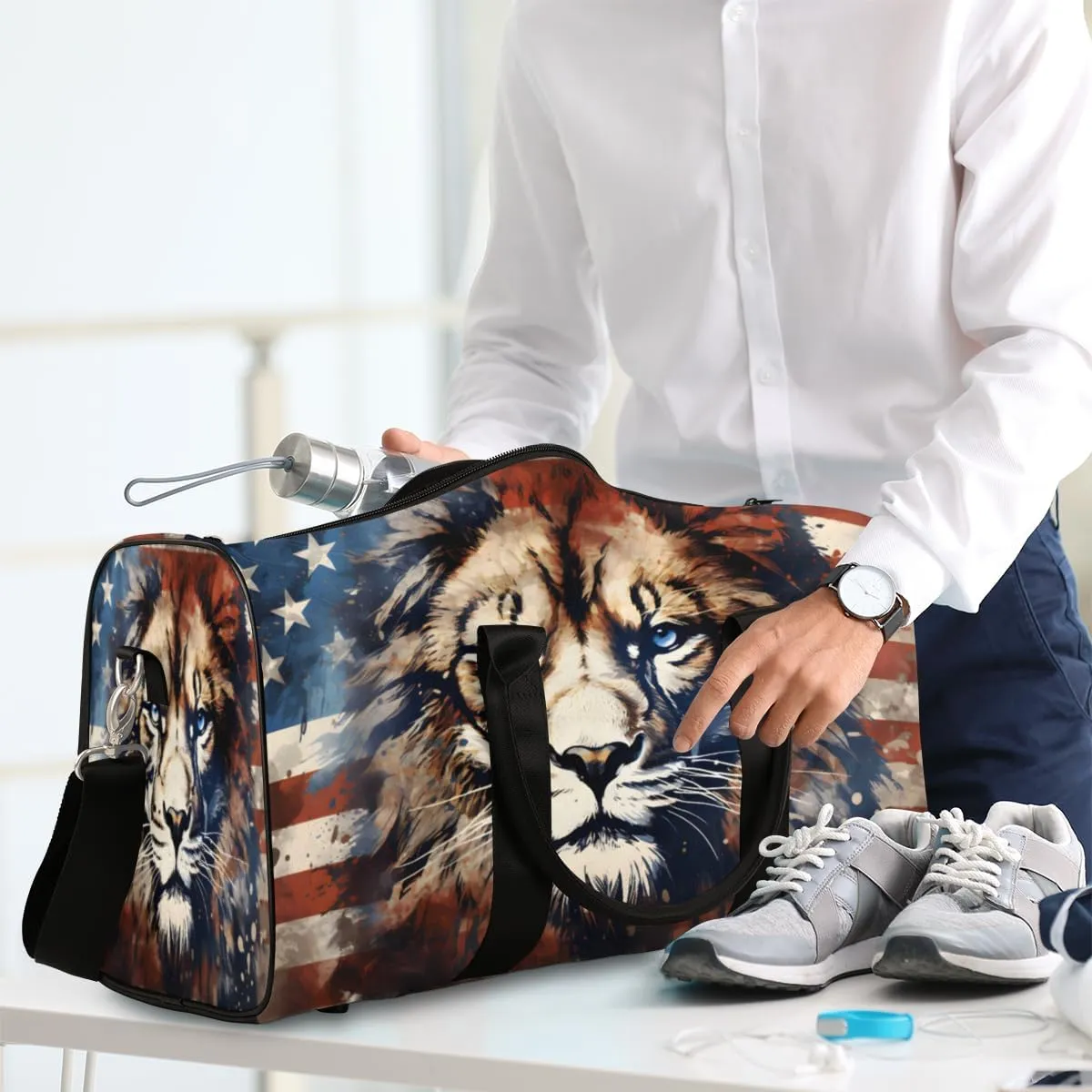 Lion American Flag Travel Duffle Bag, Sports Gym Bags for Women Men, Carry On Weekender Overnight Workout Airplane Trips Bag
