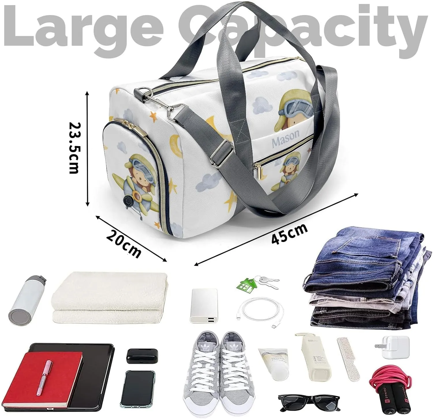 Lion Helicopter Watercolor Personalized Duffel Bag,Custom Travel Gym Bag with Name,Waterproof Sports Overnight Bag with Shoe Compartment & Shoulder Strap