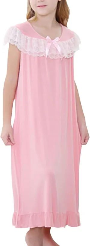 Little Girls Big Girls Lace Shoulder Crew Neck Long Sleepwear Soft Pajama Dress Nightgowns Girls 5t