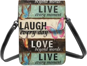 Live Laugh Love Butterfly Small Cross Body Bags For Women, Leather Cell Phone Purse With Adjustable Strap