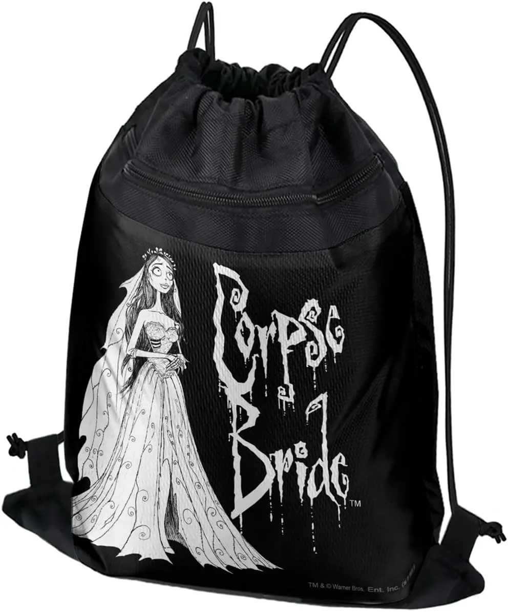 LOGOVISION Corpse Bride Logo And Silhouette Drawstring Backpack Sports Bag Sackpack 17" x 13", Perfect for Gym, Yoga or Practice