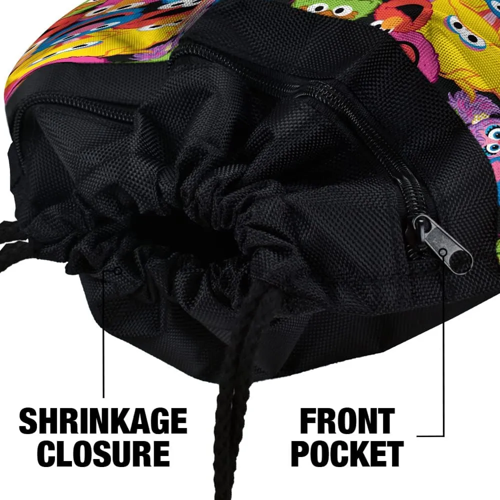 LOGOVISION Sesame Street Character Head Collage Drawstring Backpack Sports Bag Sackpack 17" x 13", Perfect for Gym, Yoga or Practice
