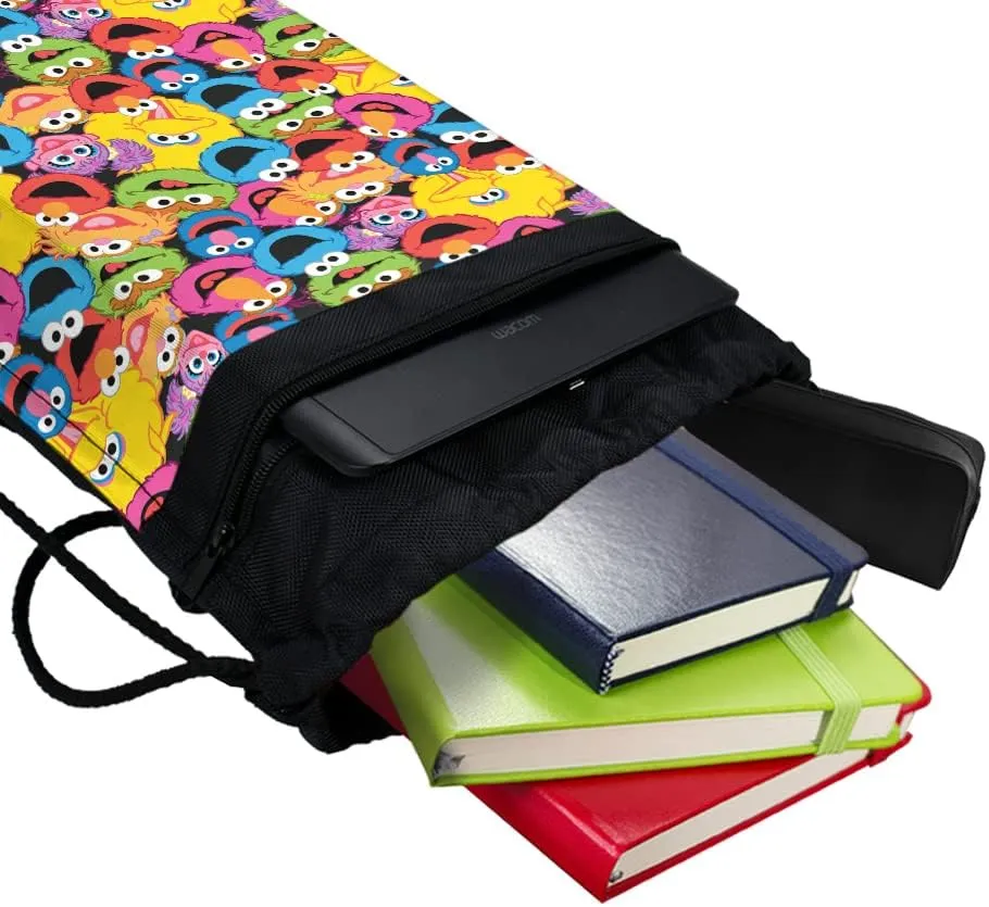 LOGOVISION Sesame Street Character Head Collage Drawstring Backpack Sports Bag Sackpack 17" x 13", Perfect for Gym, Yoga or Practice