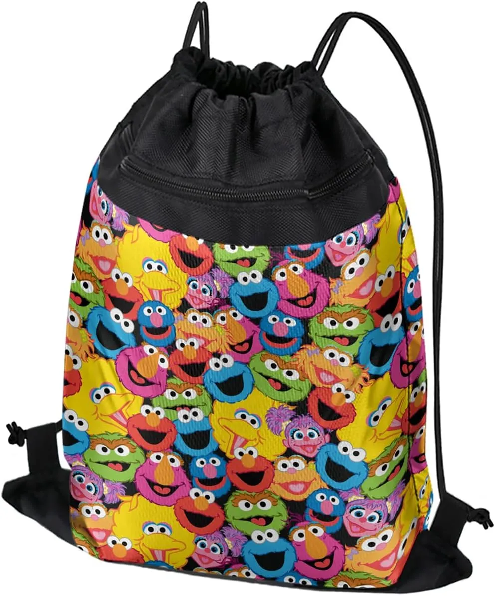 LOGOVISION Sesame Street Character Head Collage Drawstring Backpack Sports Bag Sackpack 17" x 13", Perfect for Gym, Yoga or Practice