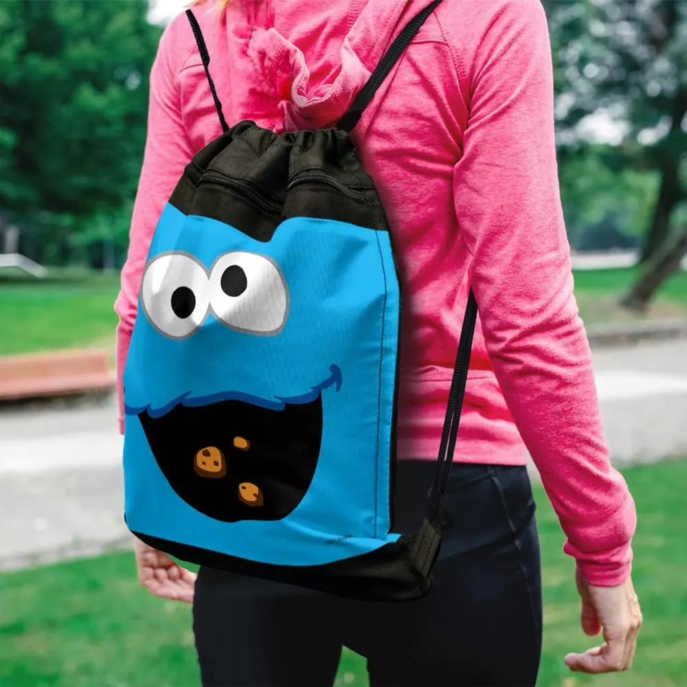 LOGOVISION Sesame Street Cookie Monster Face Drawstring Backpack Sports Bag Sackpack 17" x 13", Perfect for Gym, Yoga or Practice