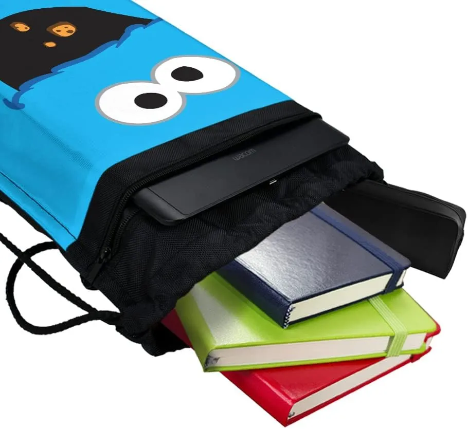 LOGOVISION Sesame Street Cookie Monster Face Drawstring Backpack Sports Bag Sackpack 17" x 13", Perfect for Gym, Yoga or Practice