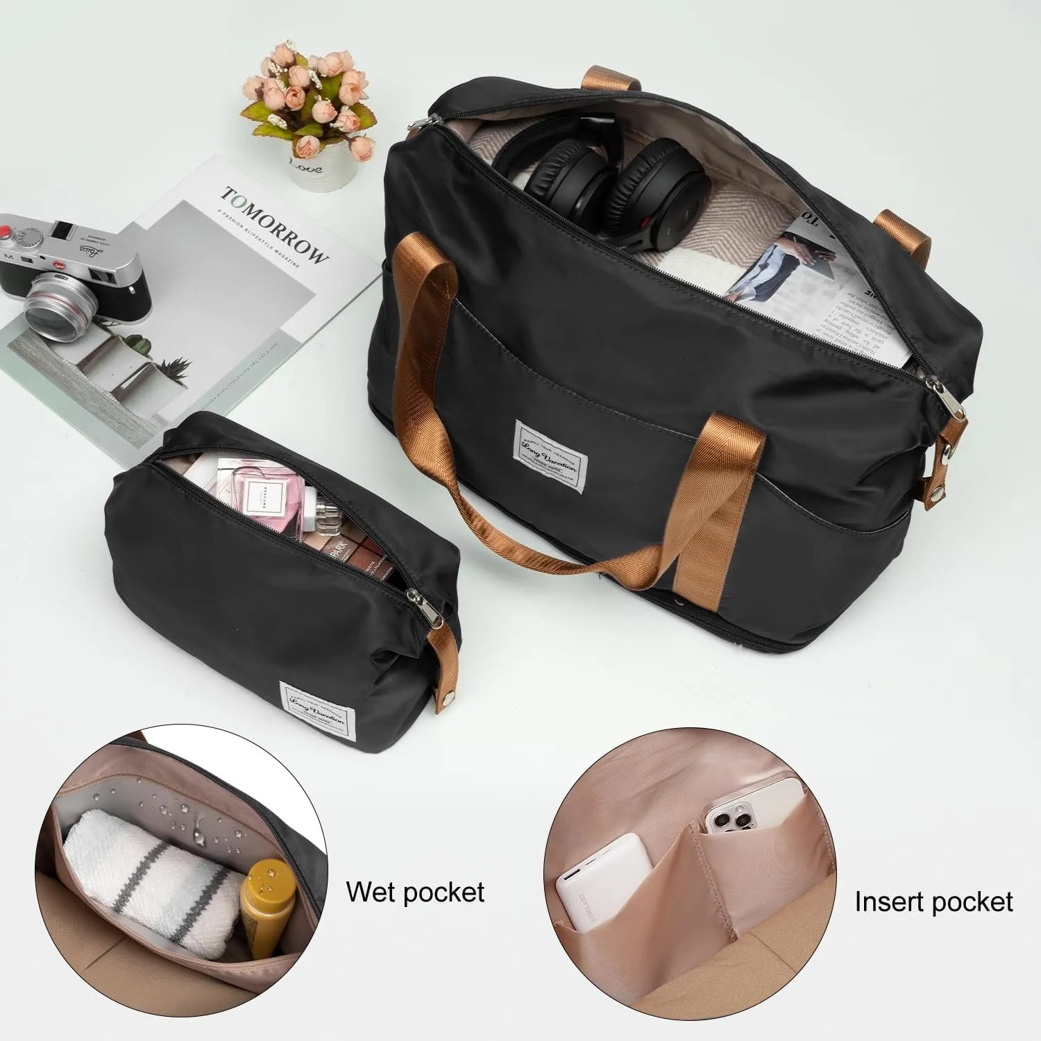 LONG VACATION Luggage Set Lightweight Carry on Suitcase ABS Hardshell Luggage TSA Lock Spinner Wheels(3 piece set (DB), BLACK-BROWN)