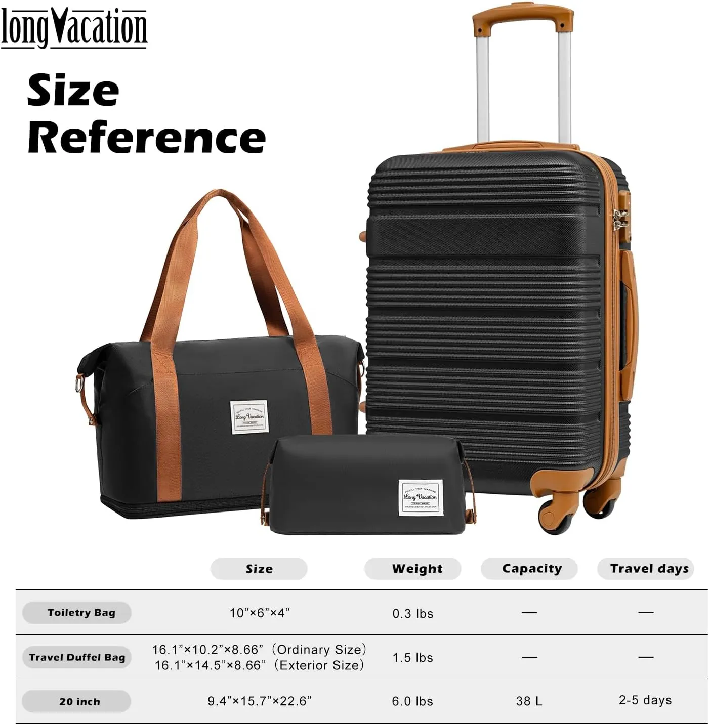 LONG VACATION Luggage Set Lightweight Carry on Suitcase ABS Hardshell Luggage TSA Lock Spinner Wheels(3 piece set (DB), BLACK-BROWN)