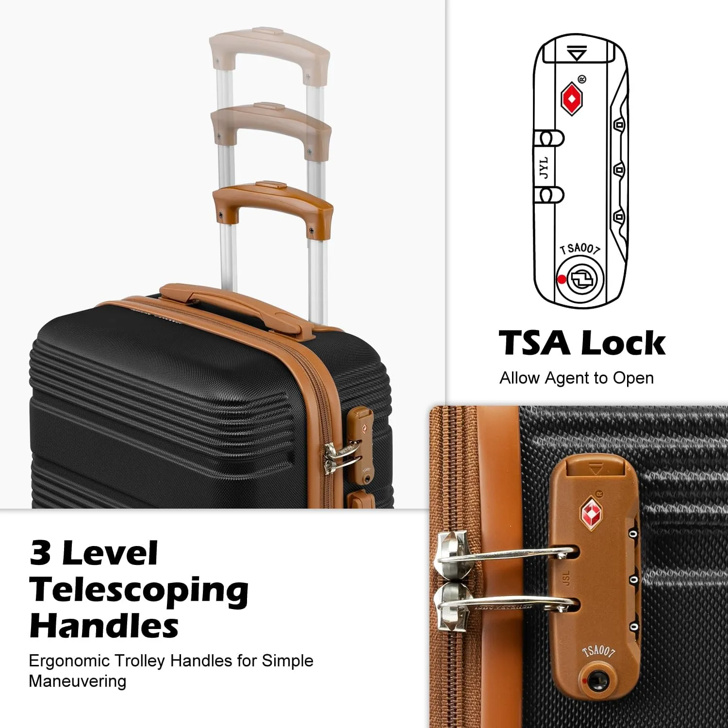 LONG VACATION Luggage Set Lightweight Carry on Suitcase ABS Hardshell Luggage TSA Lock Spinner Wheels(3 piece set (DB), BLACK-BROWN)