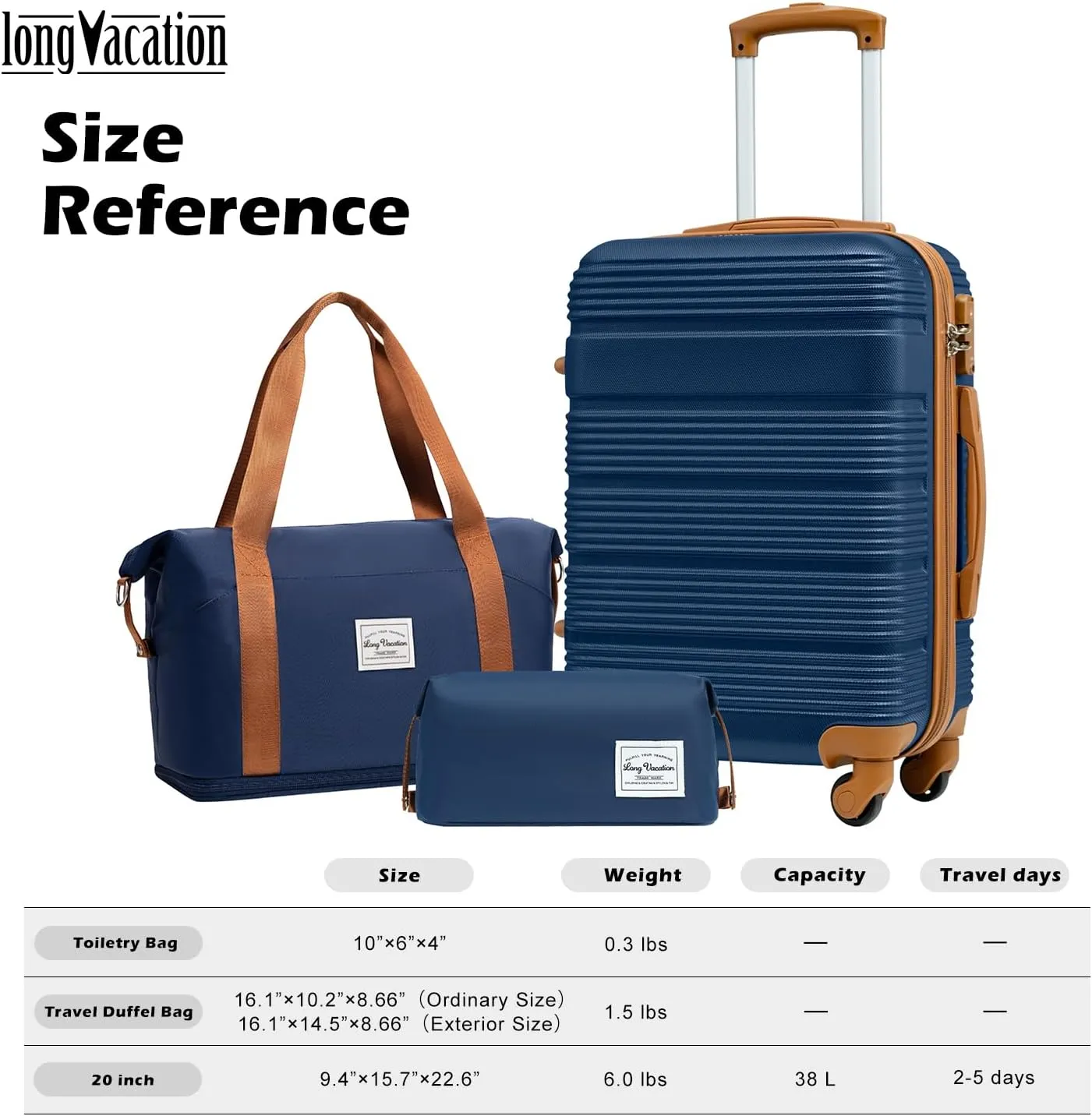 LONG VACATION Luggage Set Lightweight Carry on Suitcase ABS Hardshell Luggage TSA Lock Spinner Wheels(3 piece set (DB), NAVY)