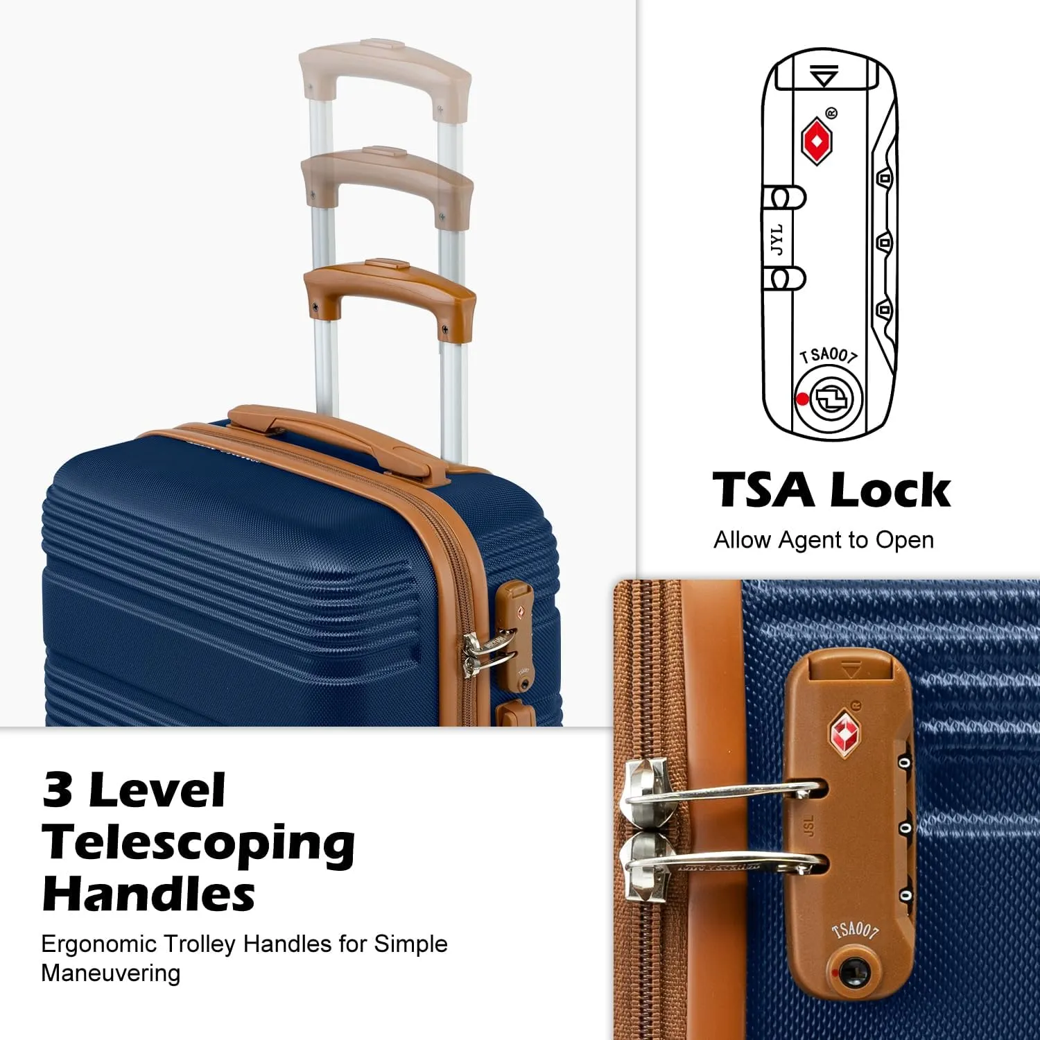 LONG VACATION Luggage Set Lightweight Carry on Suitcase ABS Hardshell Luggage TSA Lock Spinner Wheels(3 piece set (DB), NAVY)