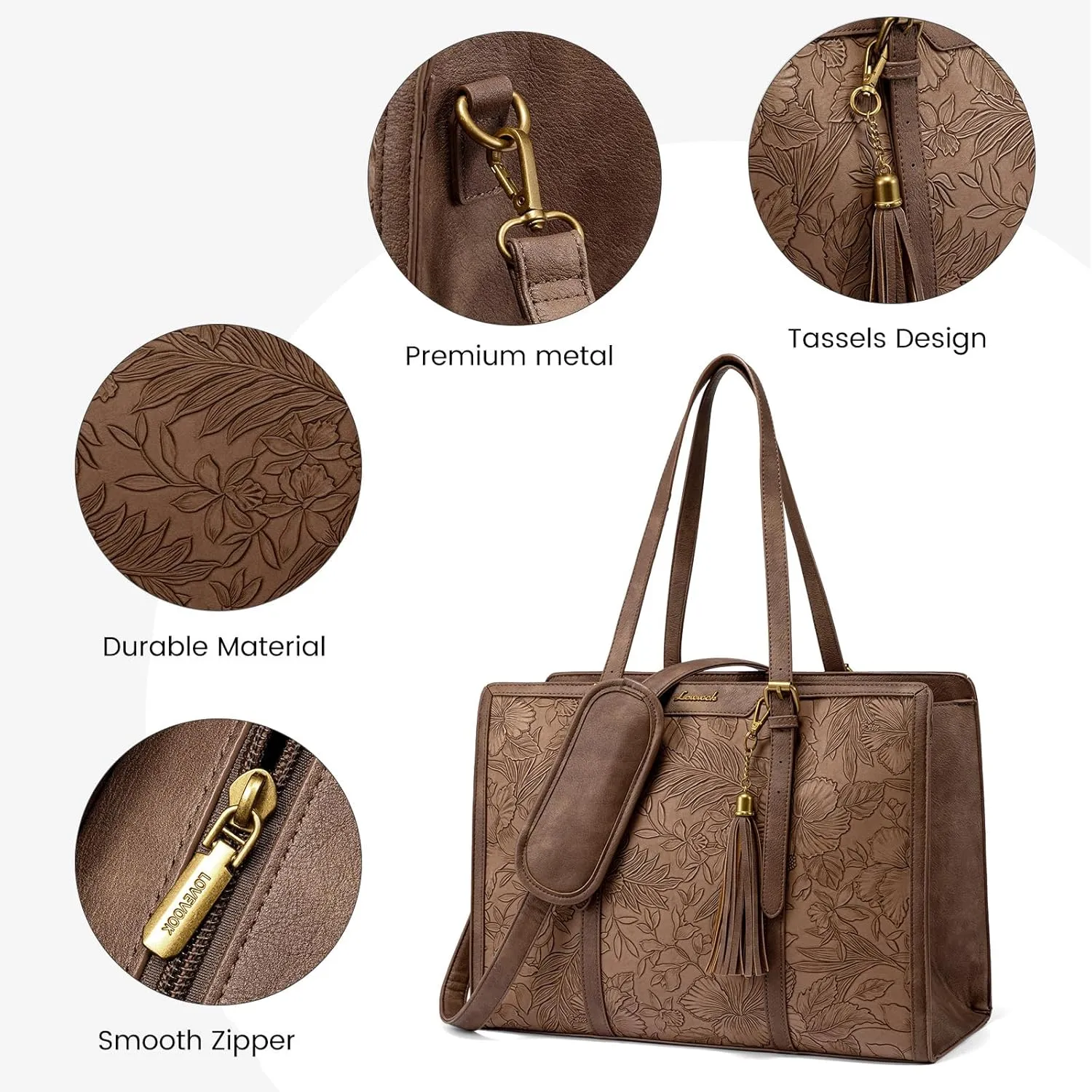 LOVEVOOK Laptop Bag for Women 15.6 inch Lightweight PU Laptop Tote Bag, Large Capacity Computer bag with Clutch Purse for Business, Work, Office, Travel, School,Casual (Light Maroon Embossed)