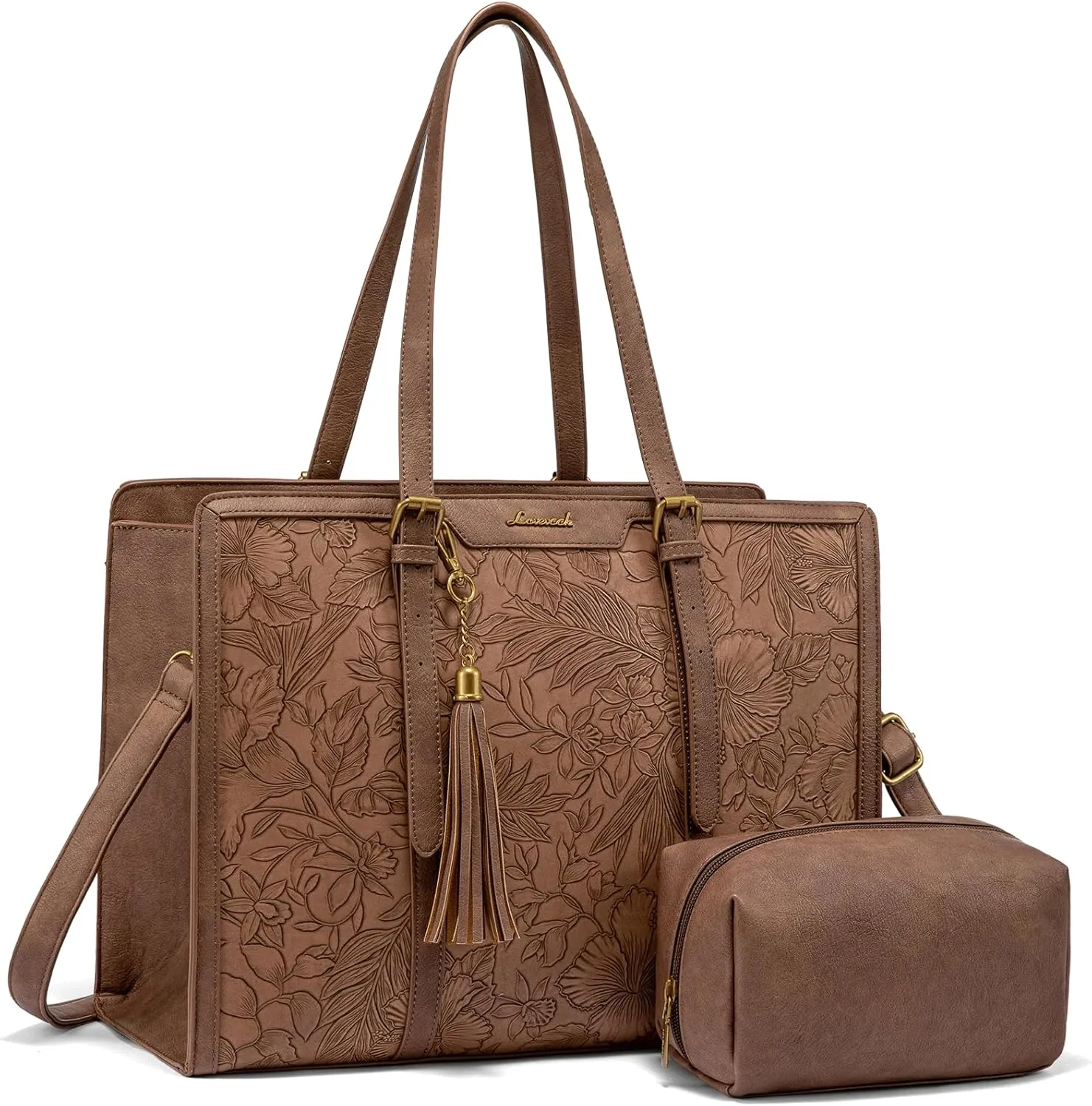 LOVEVOOK Laptop Bag for Women 15.6 inch Lightweight PU Laptop Tote Bag, Large Capacity Computer bag with Clutch Purse for Business, Work, Office, Travel, School,Casual (Light Maroon Embossed)