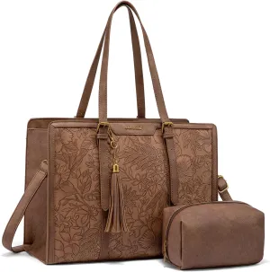 LOVEVOOK Laptop Bag for Women 15.6 inch Lightweight PU Laptop Tote Bag, Large Capacity Computer bag with Clutch Purse for Business, Work, Office, Travel, School,Casual (Light Maroon Embossed)