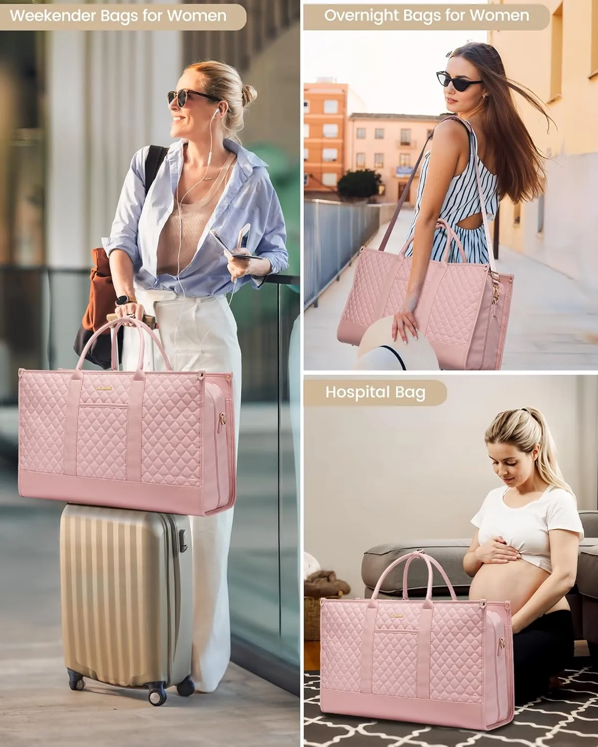 LOVEVOOK Travel Weekender Bags for Women, Quilted Carry On Duffle With Laptop Compartment Airplanes Approved, Large Overnight Bag with Toiletry Bag for Hospital Labor and Delivery, Gym, Yoga, Pink