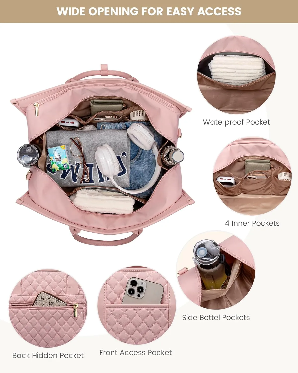 LOVEVOOK Travel Weekender Bags for Women, Quilted Carry On Duffle With Laptop Compartment Airplanes Approved, Large Overnight Bag with Toiletry Bag for Hospital Labor and Delivery, Gym, Yoga, Pink