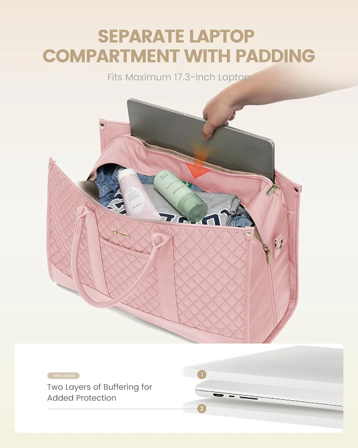 LOVEVOOK Travel Weekender Bags for Women, Quilted Carry On Duffle With Laptop Compartment Airplanes Approved, Large Overnight Bag with Toiletry Bag for Hospital Labor and Delivery, Gym, Yoga, Pink