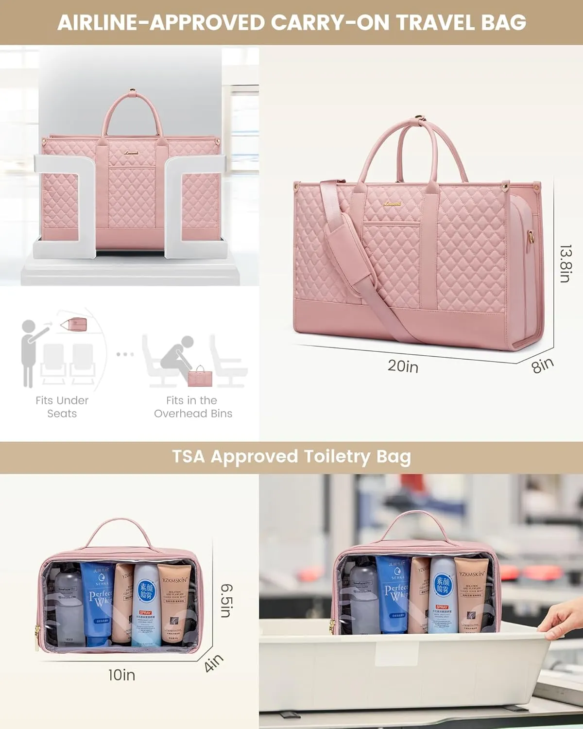 LOVEVOOK Travel Weekender Bags for Women, Quilted Carry On Duffle With Laptop Compartment Airplanes Approved, Large Overnight Bag with Toiletry Bag for Hospital Labor and Delivery, Gym, Yoga, Pink