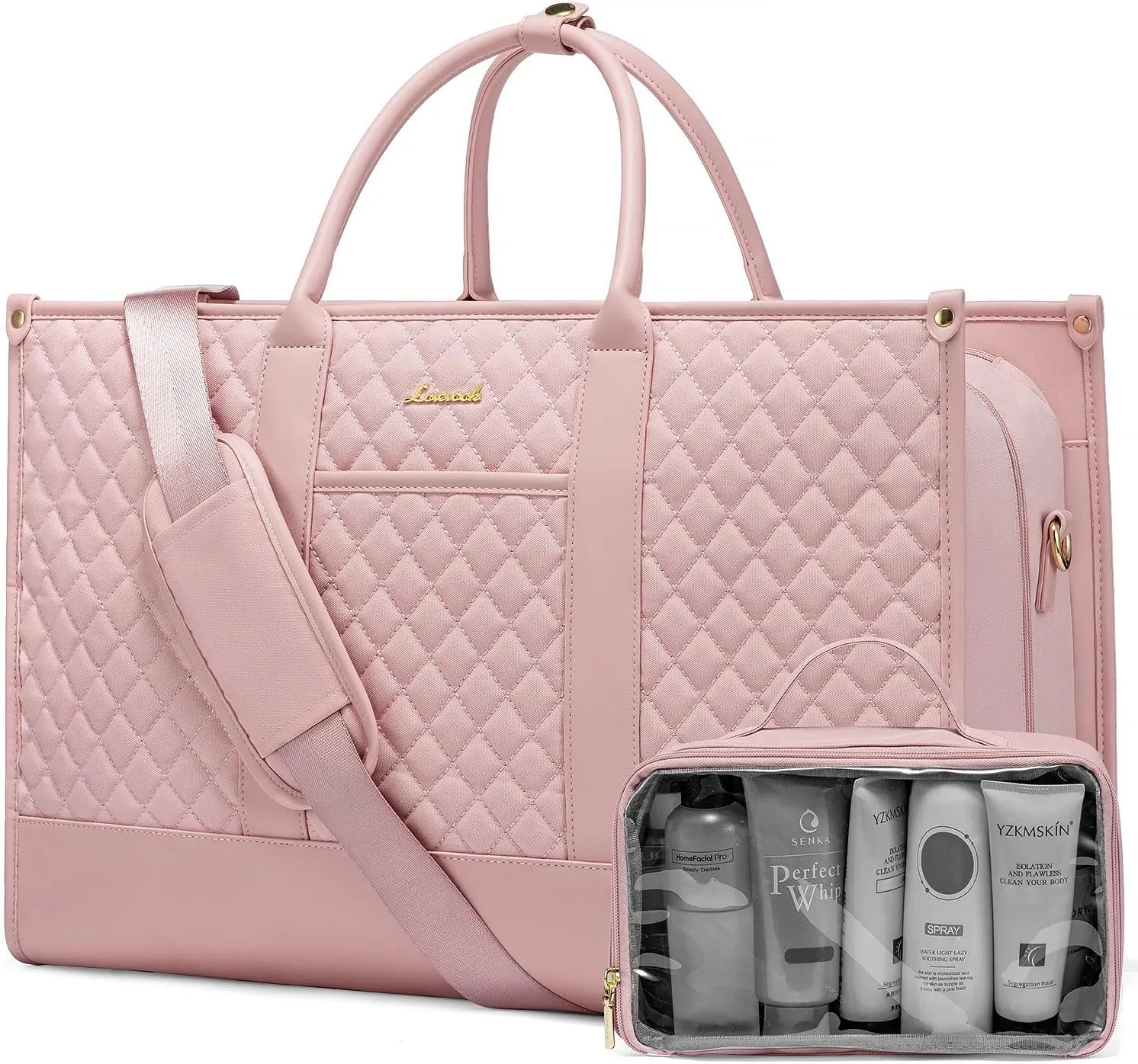 LOVEVOOK Travel Weekender Bags for Women, Quilted Carry On Duffle With Laptop Compartment Airplanes Approved, Large Overnight Bag with Toiletry Bag for Hospital Labor and Delivery, Gym, Yoga, Pink