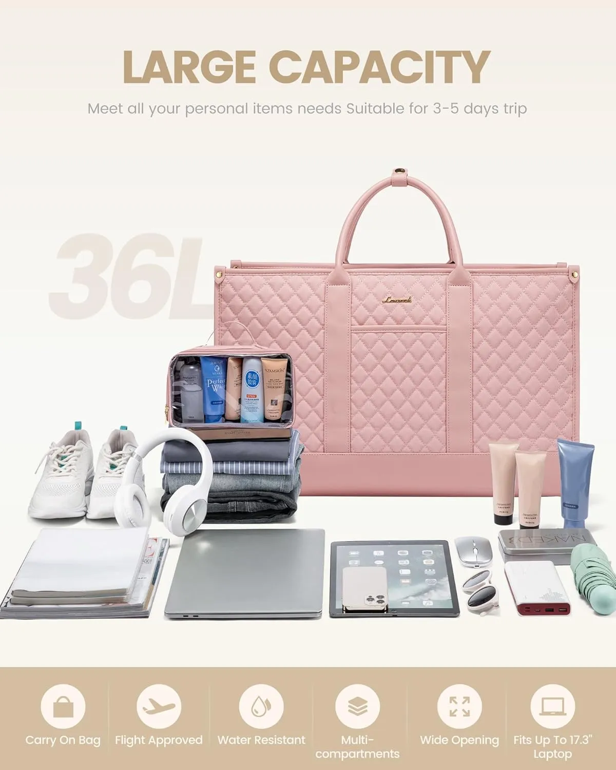 LOVEVOOK Travel Weekender Bags for Women, Quilted Carry On Duffle With Laptop Compartment Airplanes Approved, Large Overnight Bag with Toiletry Bag for Hospital Labor and Delivery, Gym, Yoga, Pink
