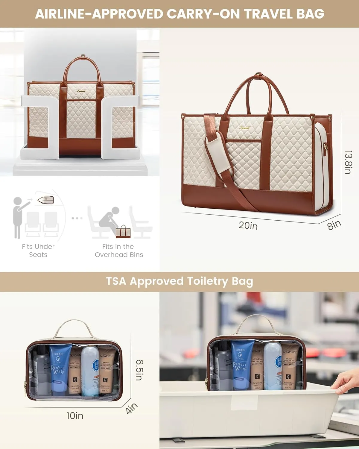 LOVEVOOK Travel Weekender Bags for Women, Quilted Carry On Duffle With Laptop Compartment Airplanes Approved, Large Overnight Bag with Toiletry Bag for Hospital Labor Delivery, Gym, Yoga, Beige-brown