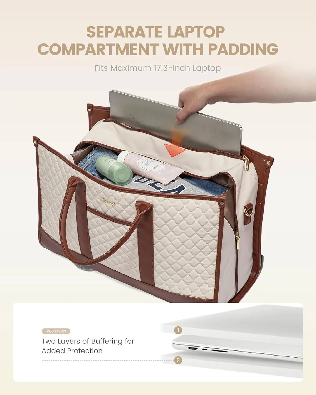 LOVEVOOK Travel Weekender Bags for Women, Quilted Carry On Duffle With Laptop Compartment Airplanes Approved, Large Overnight Bag with Toiletry Bag for Hospital Labor Delivery, Gym, Yoga, Beige-brown