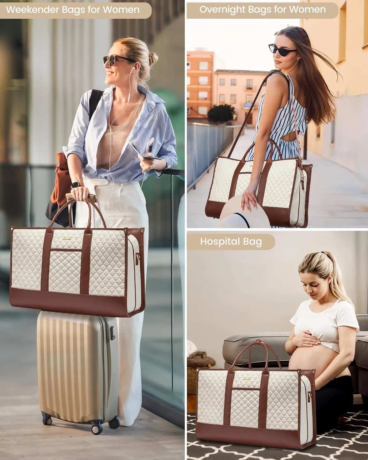LOVEVOOK Travel Weekender Bags for Women, Quilted Carry On Duffle With Laptop Compartment Airplanes Approved, Large Overnight Bag with Toiletry Bag for Hospital Labor Delivery, Gym, Yoga, Beige-brown