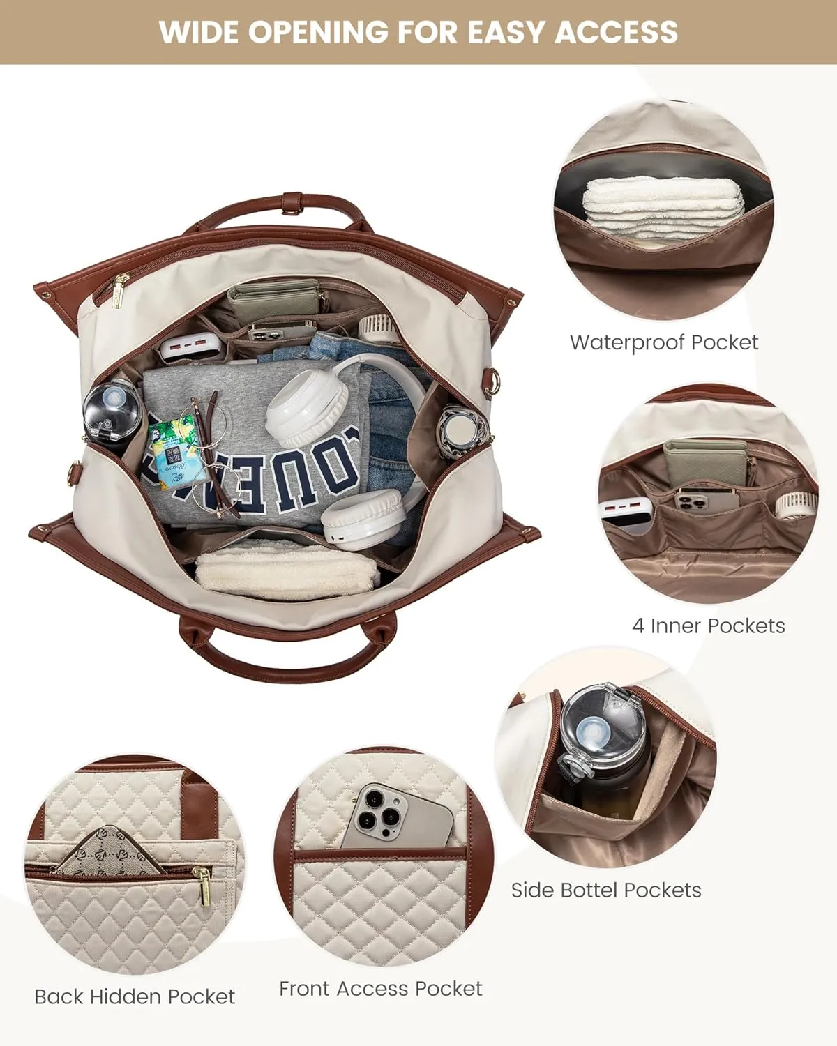 LOVEVOOK Travel Weekender Bags for Women, Quilted Carry On Duffle With Laptop Compartment Airplanes Approved, Large Overnight Bag with Toiletry Bag for Hospital Labor Delivery, Gym, Yoga, Beige-brown
