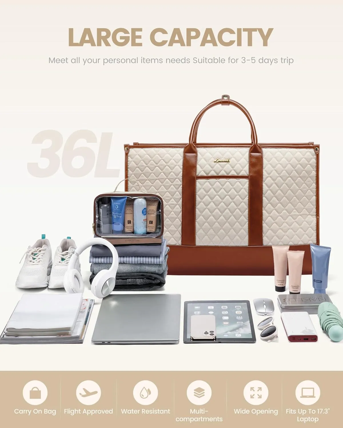 LOVEVOOK Travel Weekender Bags for Women, Quilted Carry On Duffle With Laptop Compartment Airplanes Approved, Large Overnight Bag with Toiletry Bag for Hospital Labor Delivery, Gym, Yoga, Beige-brown