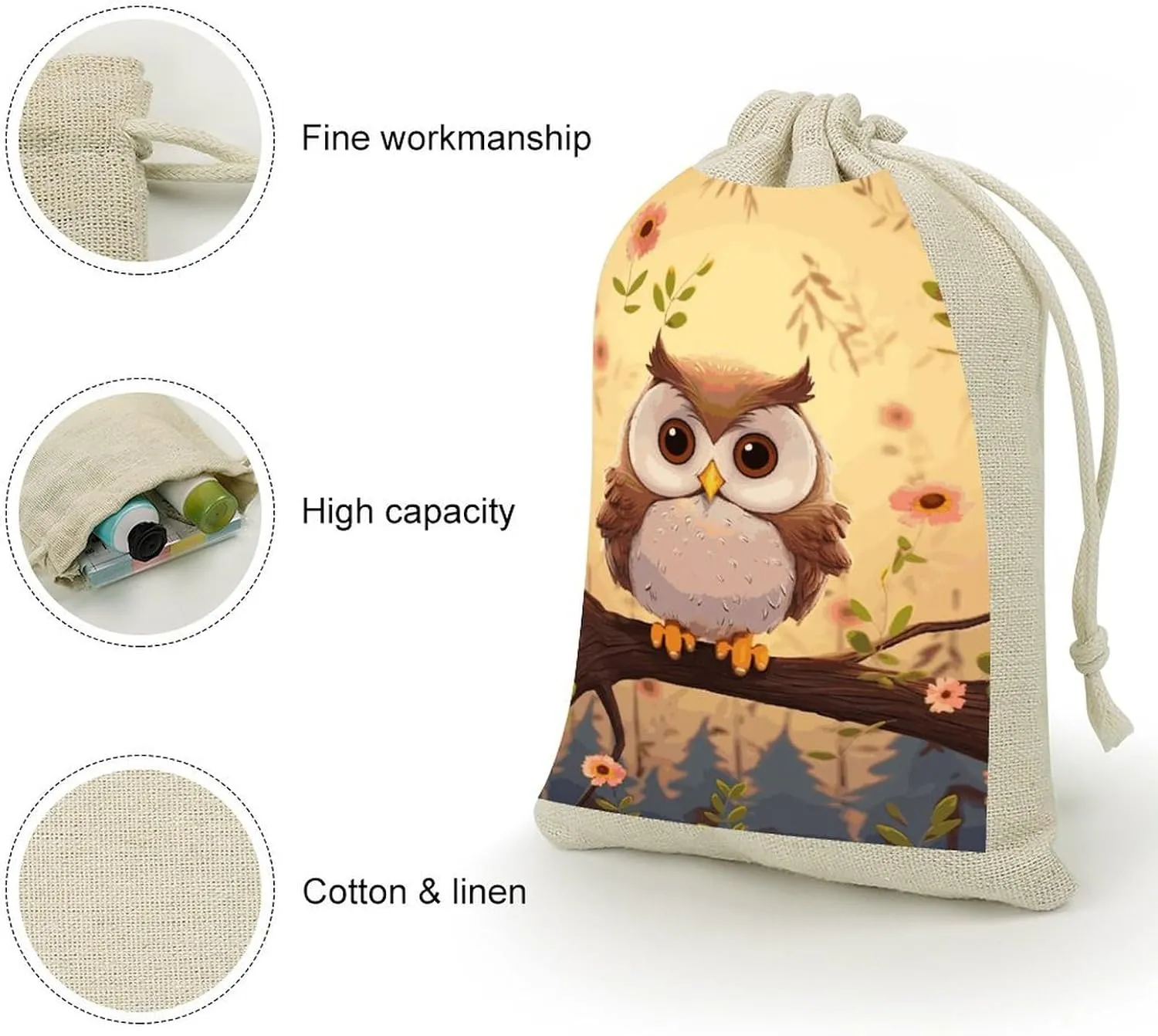 LPSADGF 8 PCS Cute Owl Drawstring Gift Bags Reusable Cotton Linen Storage Pouches for Christmas, Weddings, Parties, Favors 4.9"x6.7" Small Burlap Bags