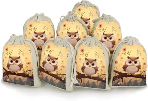 LPSADGF 8 PCS Cute Owl Drawstring Gift Bags Reusable Cotton Linen Storage Pouches for Christmas, Weddings, Parties, Favors 4.9"x6.7" Small Burlap Bags