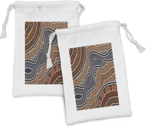 Lunarable Art Fabric Pouch Set of 2, Aboriginal Culture Inspired Abstract Nature Scene Native Australian Illustration, Small Drawstring Bag for Toiletries Masks and Favors, 9" x 6", Brown Blue Orange