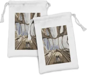 Lunarable Beige Fabric Pouch Set of 2, Upward View of Building Ruins Architecture Image Print, Small Drawstring Bag for Toiletries Masks and Favors, 9" x 6", Taupe