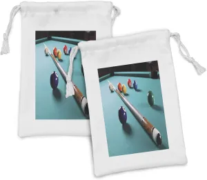 Lunarable Billiard Fabric Pouch Set of 2, Close up Long Exposure Photo of Pool Table with Wooden Cue and Balls Fun Sports, Small Drawstring Bag for Toiletries Masks and Favors, 9" x 6", Multicolor