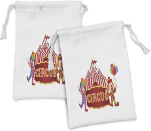 Lunarable Circus Fabric Pouch Set of 2, Circus Tent with Clown Advertisement Event Man Billboard Waving Classical Design, Small Drawstring Bag for Toiletries Masks and Favors, 9" x 6", Multicolor