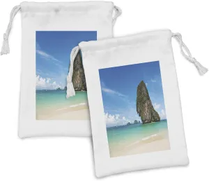 Lunarable Coastal Fabric Pouch Set of 2, Tropical Beach White Sand Karst Rock Coast in Krabi Thailand Limestone Image, Small Drawstring Bag for Toiletries Masks and Favors, 9" x 6", Blue Aqua Ivory