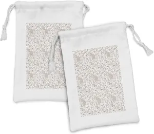 Lunarable Country Fabric Pouch Set of 2, Cartoon Country Village Nature Theme with Wheelbarrow Shovel Hay Equipment, Small Drawstring Bag for Toiletries Masks and Favors, 9" x 6", Brown and White