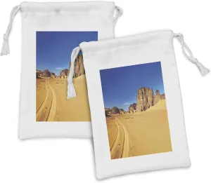 Lunarable Desert Fabric Pouch Set of 2, Desert Landscape with Rocks and Sky Tadrart Algeria Africa Sahara Dry Weather, Small Drawstring Bag for Toiletries Masks and Favors, 9" x 6", Blue Sand Brown