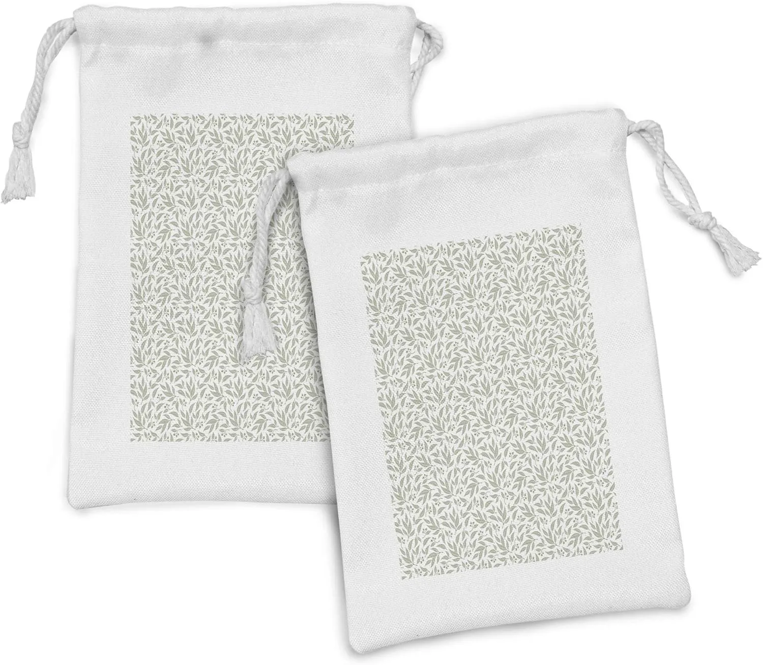 Lunarable Eucalyptus Fabric Pouch Set of 2, Monochrome Design Plant Leaves Nature Elements Garden Art Repetition, Small Drawstring Bag for Toiletries Masks and Favors, 9" x 6", Pale Khaki and White