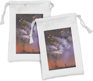 Lunarable Fantasy Fabric Pouch Set of 2, Dramatic Thunder Clouds and Storm with Mysterious Image Fictional Design, Small Drawstring Bag for Toiletries Masks and Favors, 9" x 6", Purple Red