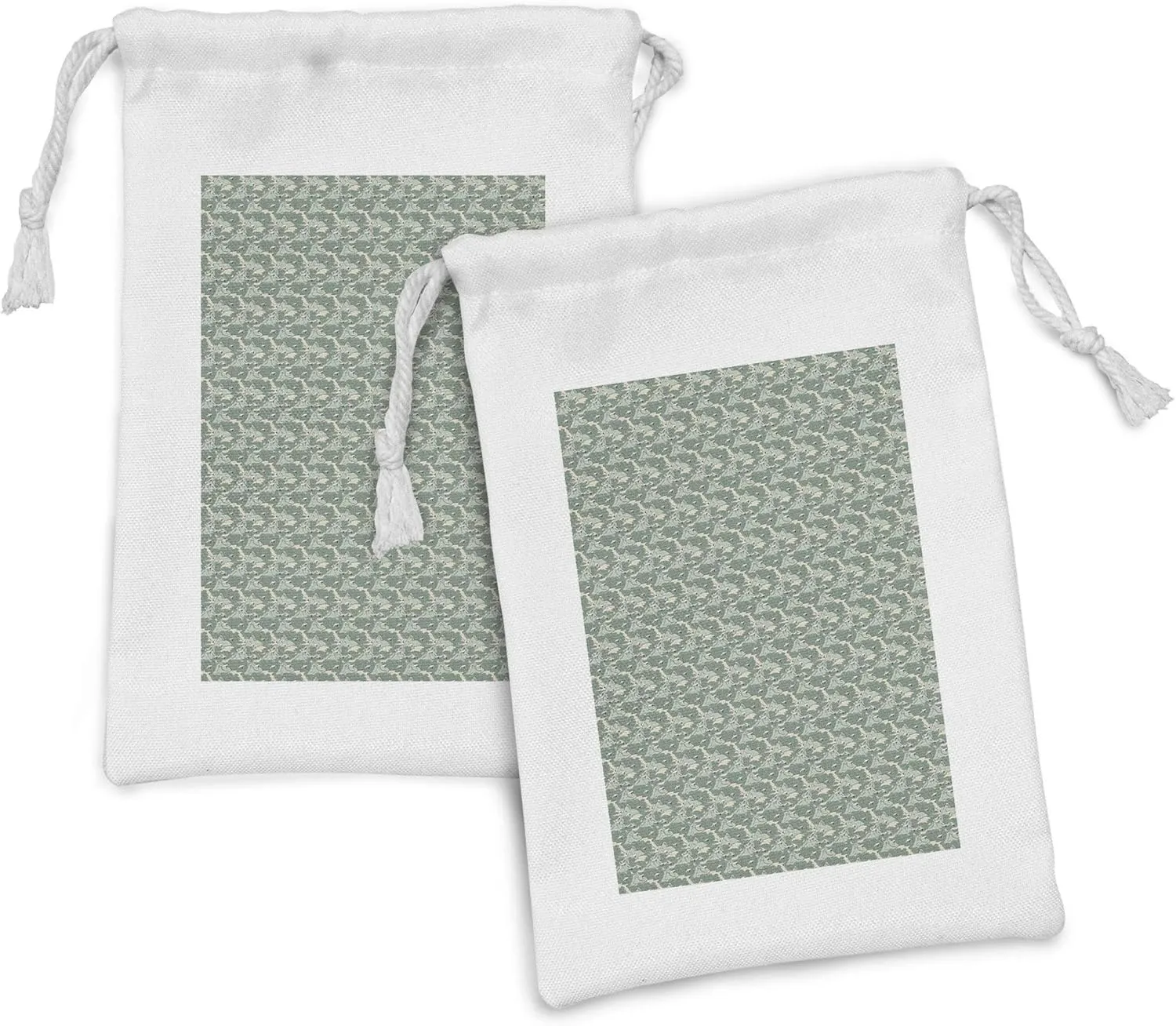 Lunarable Japanese Fabric Pouch Set of 2, Traditional Art Flying Crane Birds Mountain Plateau Forest Migration, Small Drawstring Bag for Toiletries Masks and Favors, 9" x 6", Reseda Green Beige