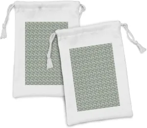 Lunarable Japanese Fabric Pouch Set of 2, Traditional Art Flying Crane Birds Mountain Plateau Forest Migration, Small Drawstring Bag for Toiletries Masks and Favors, 9" x 6", Reseda Green Beige